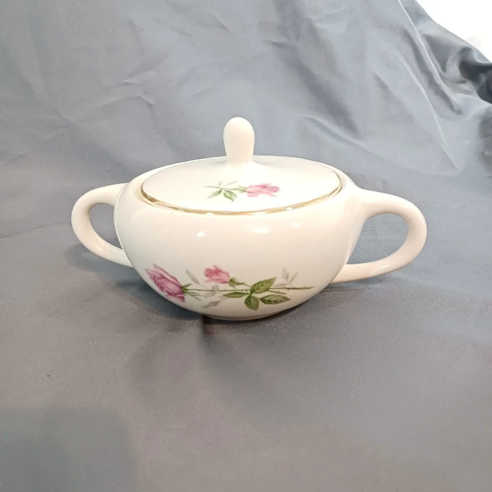 Vintage Sugar Bowl White Excellent Pink Rose Gold Trim Vintage